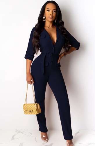Navy Pockets Long Sleeve Button Up Jumpsuit With Belt