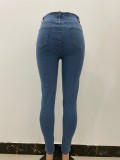 Dk-Blue Beaded Button Up High Waist Jeans with Pocket