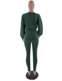 Green Knitted Long Sleeves O-Neck Blouson Top and Pants 2PCS Set