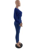 Blue Knitted Long Sleeves O-Neck Blouson Top and Pants 2PCS Set