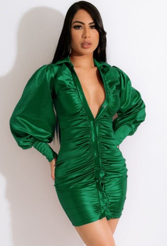 Green Silk Turndown Collar Button Long Sleeve Skinny Mini Blouse Dress