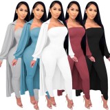 White Bandeau Fitted Jumpsuit and Puff Sleeve Long Cardigan 2PCS Set