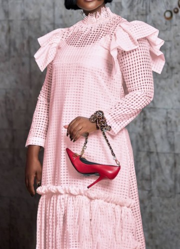 Pink Cami Dress and Hollow Out Ruffled Long Sleeve Long Dress 2PCS Set
