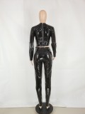 Black Pu Leather Irregular Long Sleeve O-Neck Top and High Waist Pant 2PCS Set