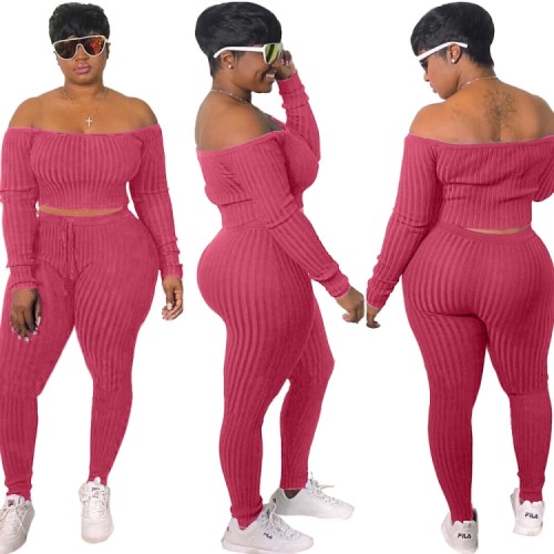 Pink Ribbed Off Shoulder Long Sleeve Top and High Waist Leggings 2PCS Set