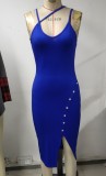 Blue Button Cami Sleeveless Slit Skinny Midi Dress