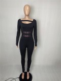 Black Mesh Patched Cut Out Long Sleeves Tight Jumpsuit