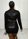 Black Pu Leather Zip Turtleneck Long Sleeve Crop Top and Mini Skirt 2PCS Set