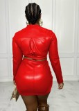 Red Pu Leather Zip Turtleneck Long Sleeve Crop Top and Mini Skirt 2PCS Set