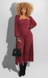 Wine Bandeau Fitted Jumpsuit and Puff Sleeve Long Cardigan 2PCS Set