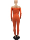 Orange Ribbed Off Shoulder Long Sleeve Top and High Waist Leggings 2PCS Set
