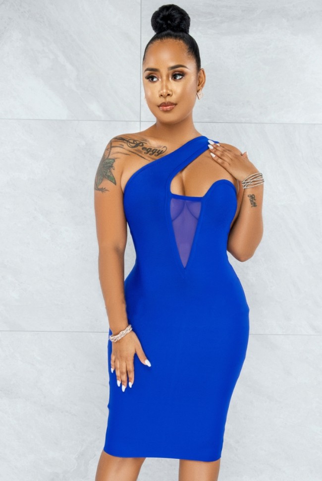 Blue Mesh Patched One Shoulder Sleeveless Midi Dress