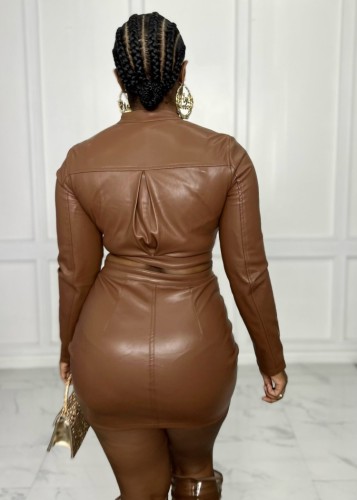 Brown Pu Leather Zip Turtleneck Long Sleeve Crop Top and Mini Skirt 2PCS Set