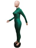 Black Line Green Zipper Up Long Sleeve Fitted Top and Pants 2PCS Set