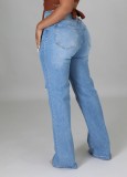 Blue High Waist Ripped Loose Jeans with Pocket