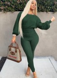 Green Knitted Long Sleeves O-Neck Blouson Top and Pants 2PCS Set
