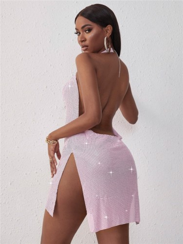 Pink Sparkling Sequins Halterneck Sleeveless Backless Slit Mini Dress