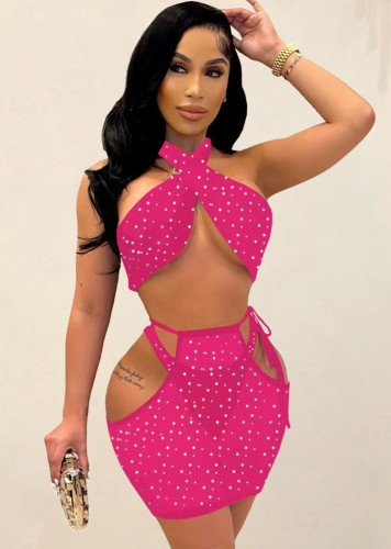 Pink Rhinestone Criss Cross Crop Top and High Cut Panty with Cut Out Mini Dress 3PCS Set