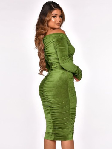Green Velvet Ruched Drawstring Long Sleeve Slinky Midi Dress