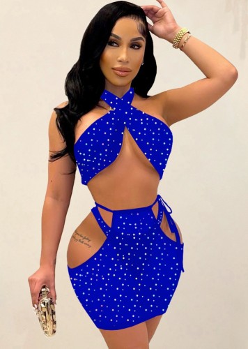 Blue Rhinestone Criss Cross Crop Top and High Cut Panty with Cut Out Mini Dress 3PCS Set