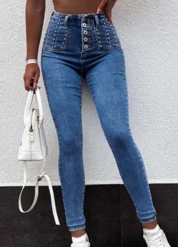 Dk-Blue Beaded Button Up High Waist Jeans with Pocket