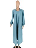 Blue Bandeau Fitted Jumpsuit and Puff Sleeve Long Cardigan 2PCS Set