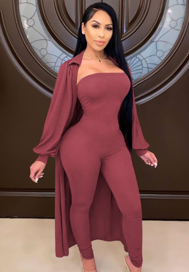 Wine Bandeau Fitted Jumpsuit and Puff Sleeve Long Cardigan 2PCS Set