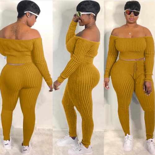 Yellow Ribbed Off Shoulder Long Sleeve Top and High Waist Leggings 2PCS Set