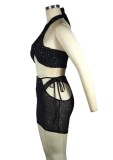 Black Rhinestone Criss Cross Crop Top and High Cut Panty with Cut Out Mini Dress 3PCS Set
