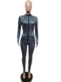 Black Line Grey Zipper Up Long Sleeve Fitted Top and Pants 2PCS Set