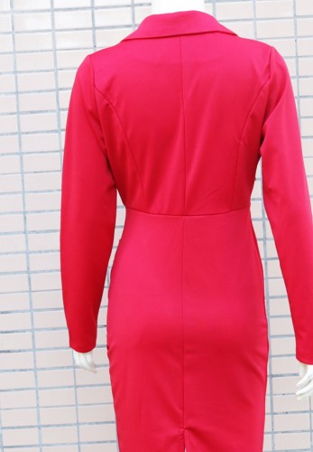 Red V-Neck Long Sleeve Turndown Collar Wrap Midi Office Dress