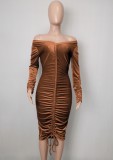 Brown Velvet Ruched Drawstring Long Sleeve Slinky Midi Dress