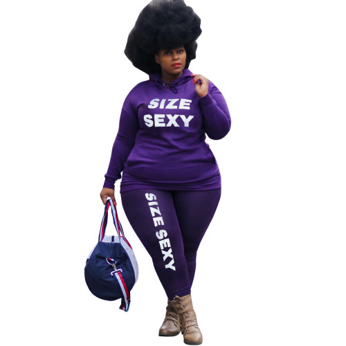 Plus Size Letter Print Causal Hooded Sweatshirt and Sweatpants Set