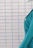 Blue V-Neck Long Sleeve Turndown Collar Wrap Midi Office Dress