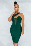 Green Mesh Patched One Shoulder Sleeveless Midi Dress