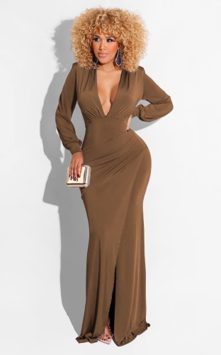 Brown Deep-V Wrap Front Split Long Sleeve Maxi Dress