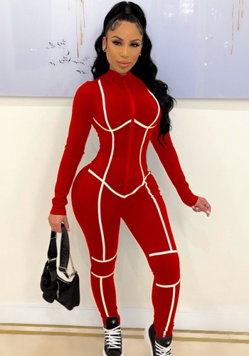 White Line Red Zipper Up Long Sleeve Bodycon Jumpsuit