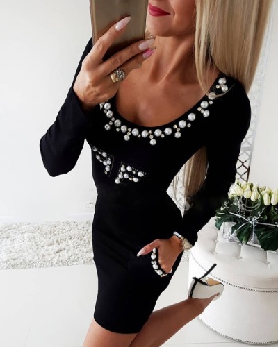 Black Bubble Bead O-Neck Long Sleeve Skinny Mini Dress with Pocket