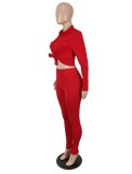 Red Button Open Long Sleeves Blouse and Pant 2PCS Set with Pocket