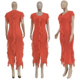 Orange Kintted Fringe Sleeveless Irregular Midi Dress