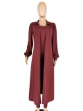 Wine Bandeau Fitted Jumpsuit and Puff Sleeve Long Cardigan 2PCS Set