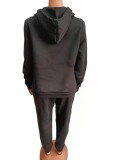 Plus Size Black Long Sleeve Drawstring Hoody Sweatshirt and Pant 2PCS Set