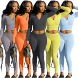 Yellow Zip Up Hoody Crop Top and Low Wasit Pants 2PCS Tracksuits