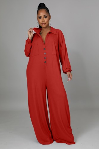 Red Button Up Turndown Collar Long Sleeve Wide Jumpsuit