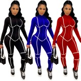 White Line Red Zipper Up Long Sleeve Bodycon Jumpsuit
