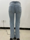 Lt-Blue High Waist Ripped Loose Jeans with Pocket