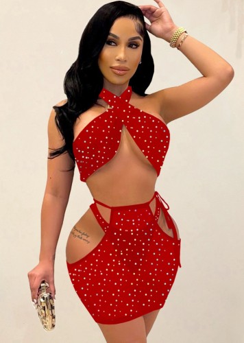 Red Rhinestone Criss Cross Crop Top and High Cut Panty with Cut Out Mini Dress 3PCS Set