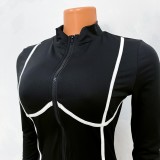 White Line Black Zipper Up Long Sleeve Bodycon Jumpsuit