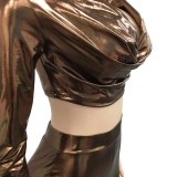 Brown Metallic Dripped Collar Long Sleeves Crop Top and Pants 2PCS Set