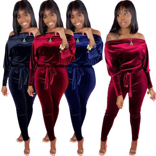 Black Velvet Slash Neck Tie Waist Jumpsuit